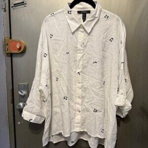 Retro oversized dolman sleeved button front white shirt with musical notes - NWT